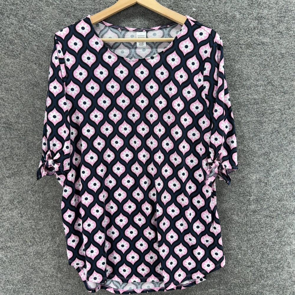 West Loop Blouse Women L Large Blue Geometric 3/4 Sleeve Round Neck Casual